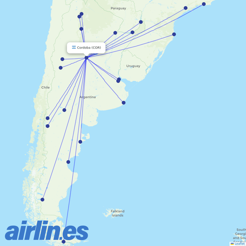 Aerolineas Argentinas from Ambrosio L V Taravella destination map
