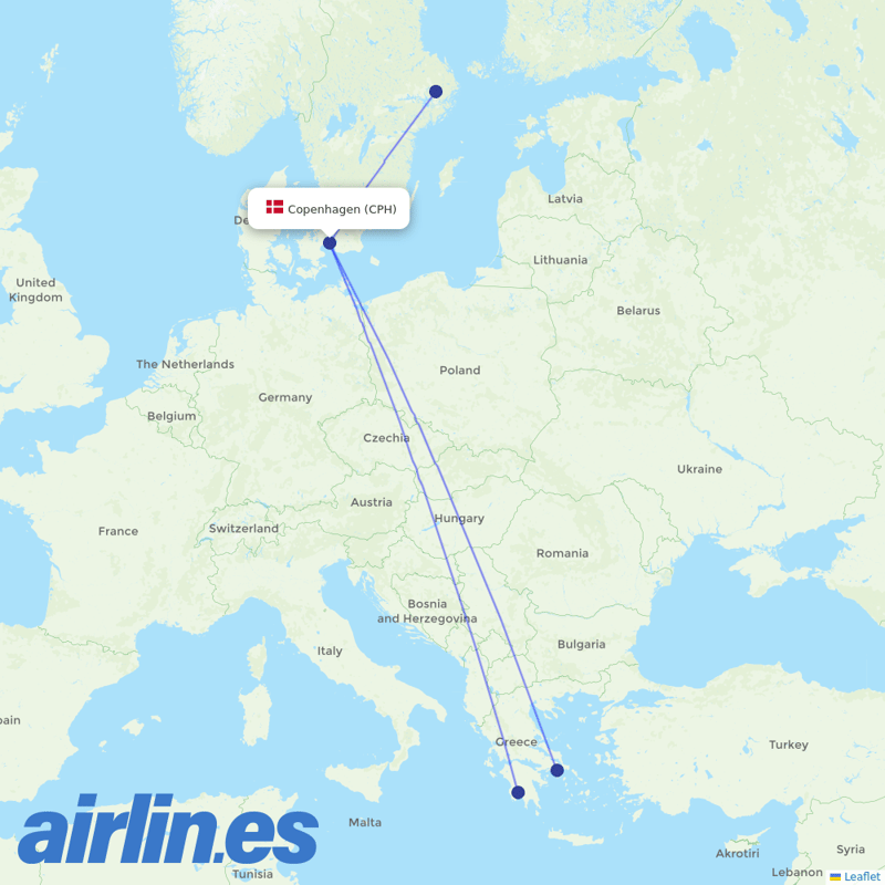 Aegean Airlines from Copenhagen Airport destination map