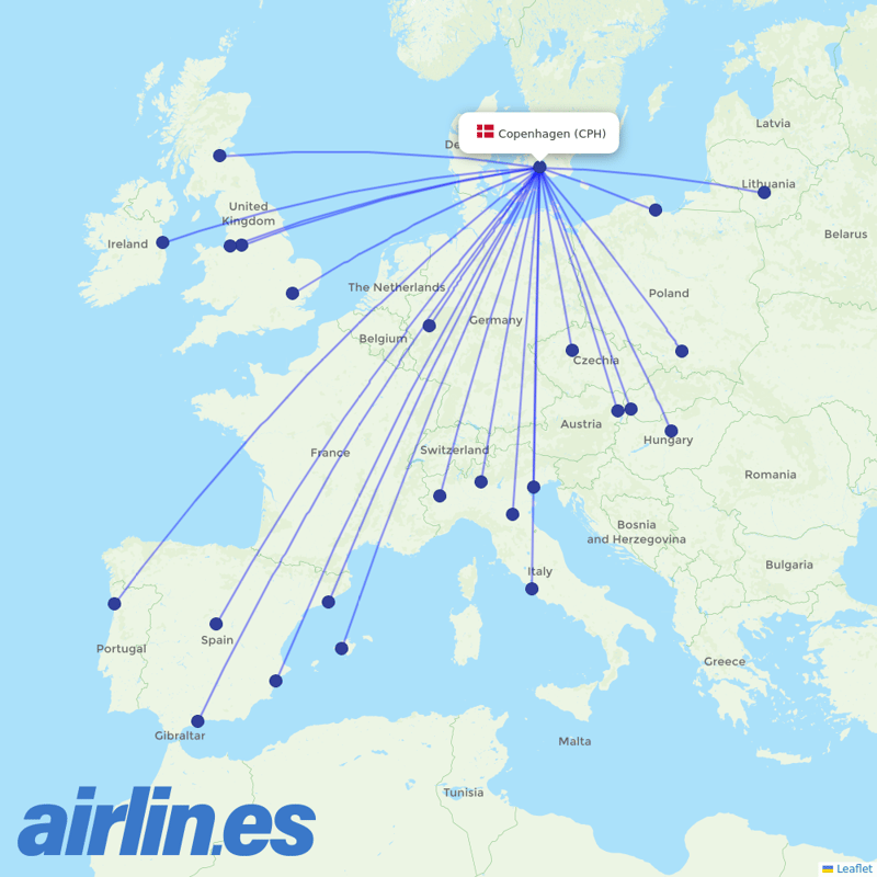 Ryanair from Copenhagen Airport destination map