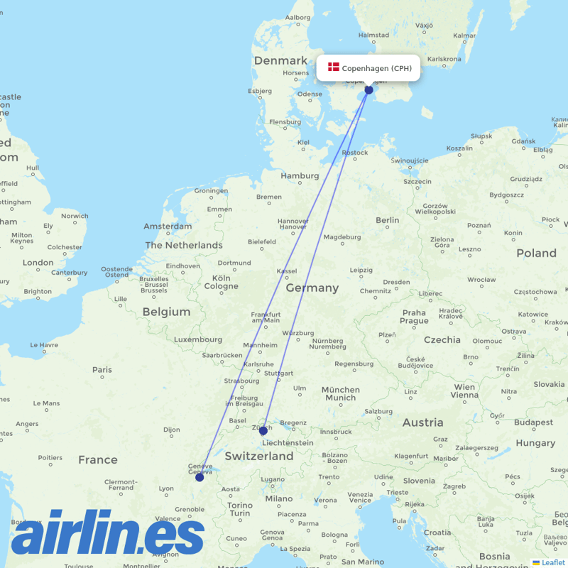 SWISS from Copenhagen Airport destination map