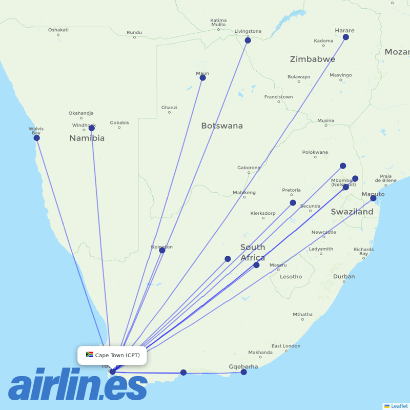 Airlink (South Africa) from Cape Town International destination map