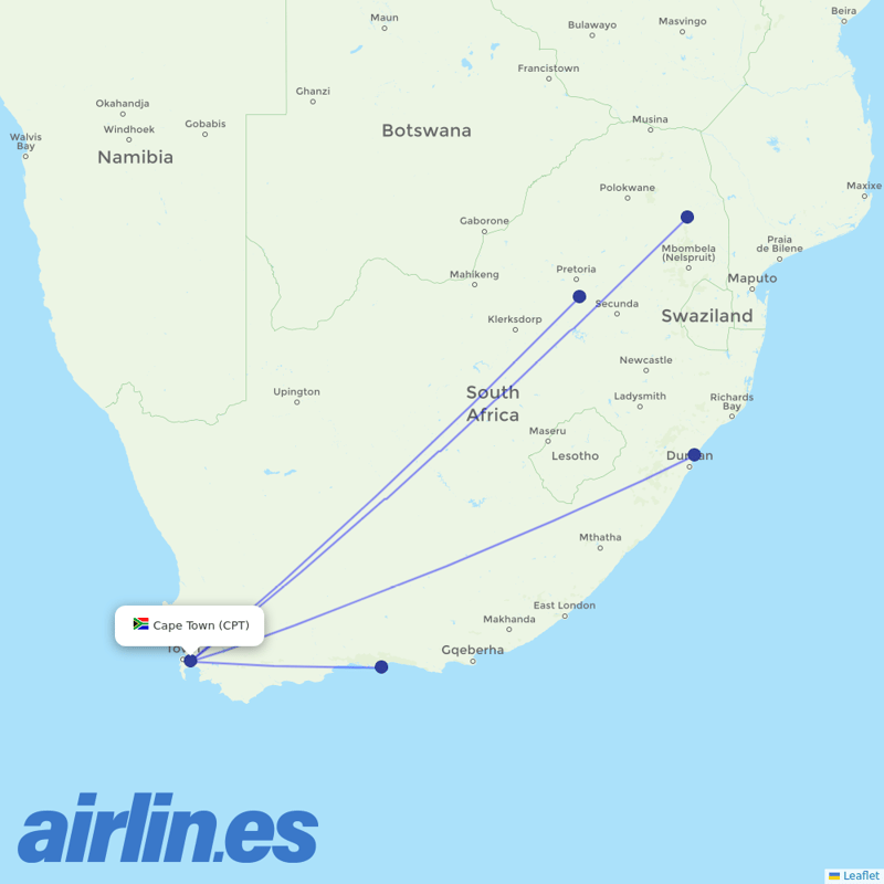 CemAir from Cape Town International destination map