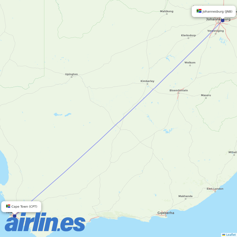South African Airways from Cape Town International destination map