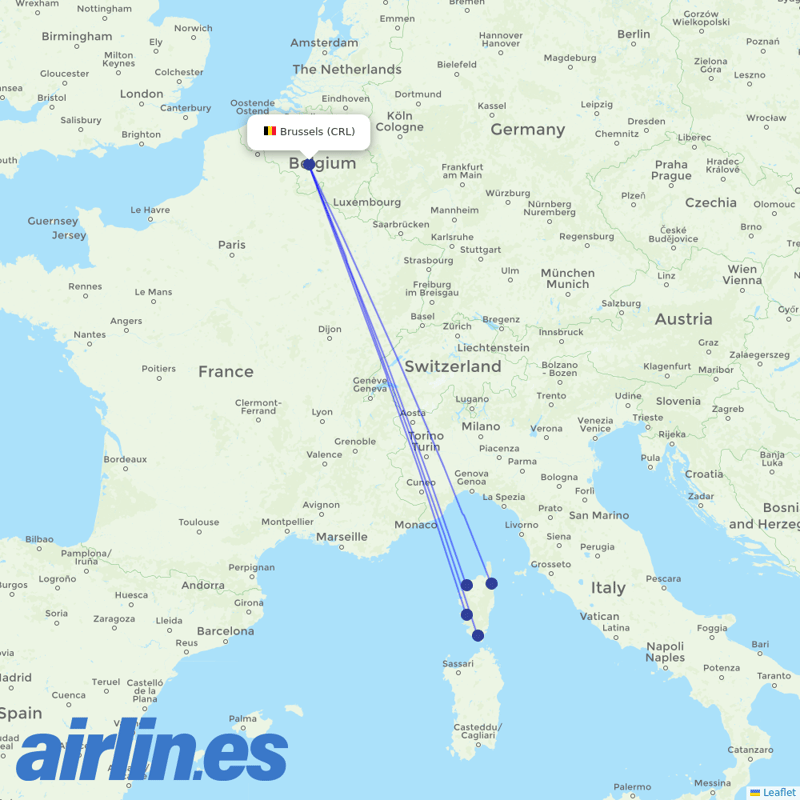 Air Corsica from Brussels South Charleroi Airport destination map