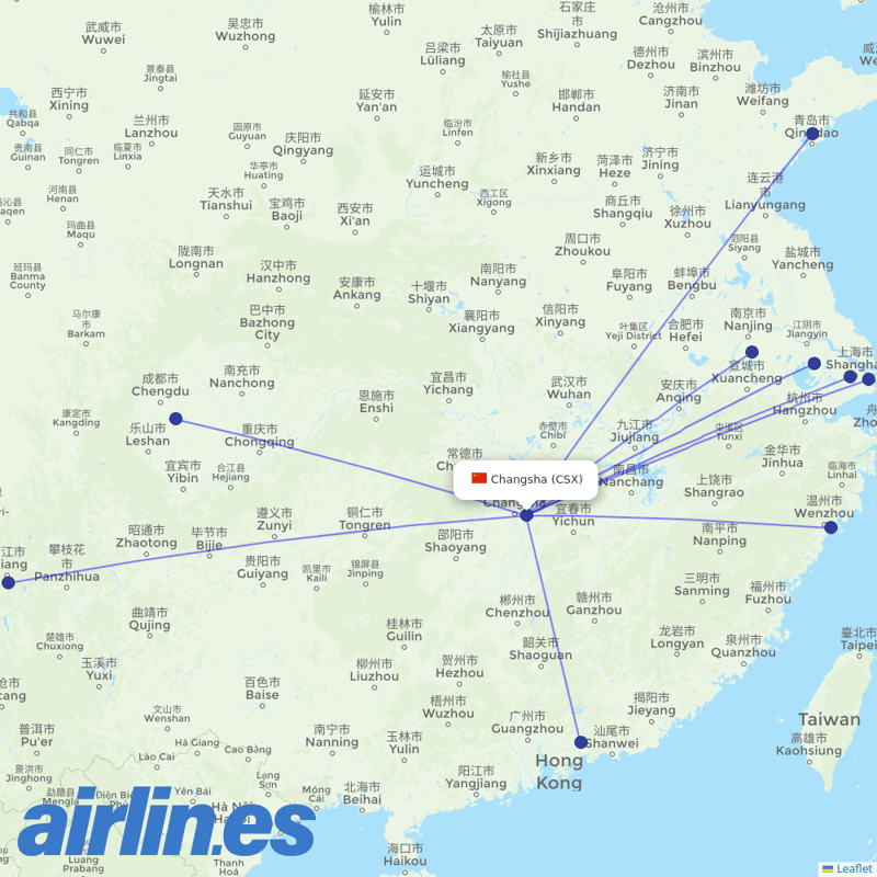 Juneyao Airlines from Changsha Huanghua Airport destination map