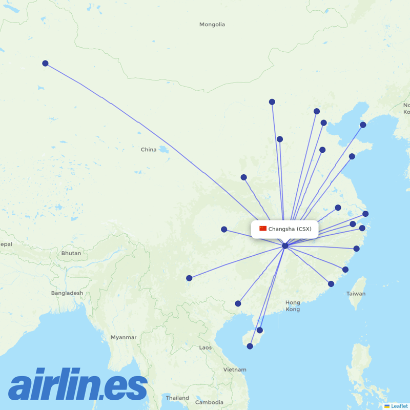 Hainan Airlines from Changsha Huanghua Airport destination map