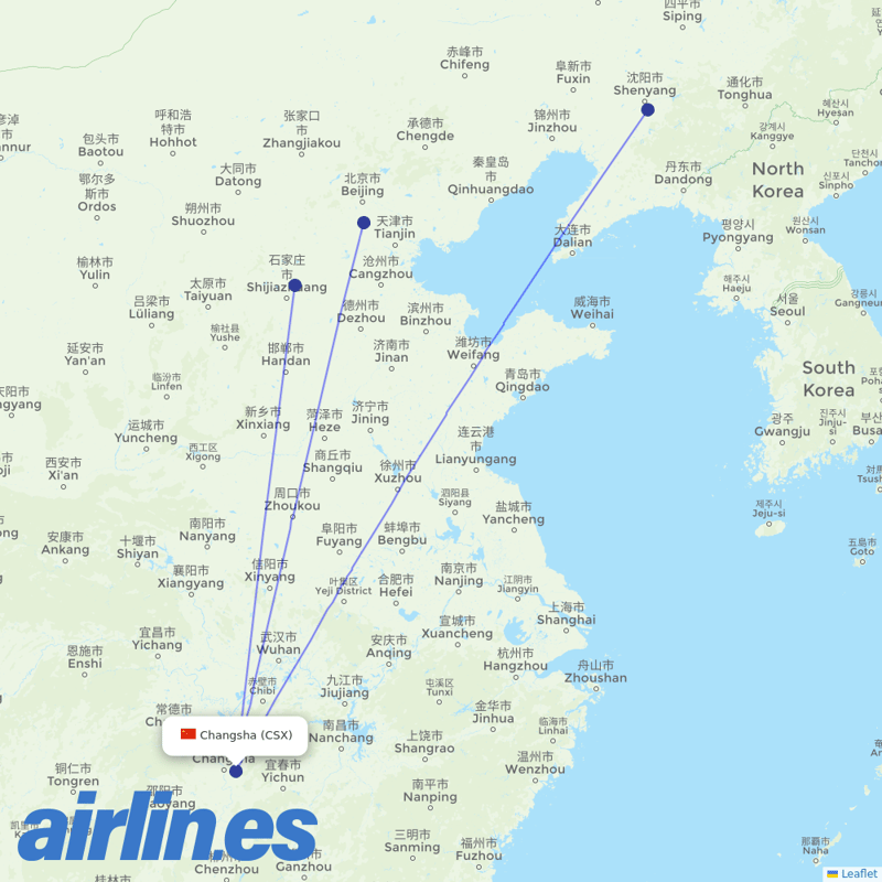 Hebei Airlines from Changsha Huanghua Airport destination map
