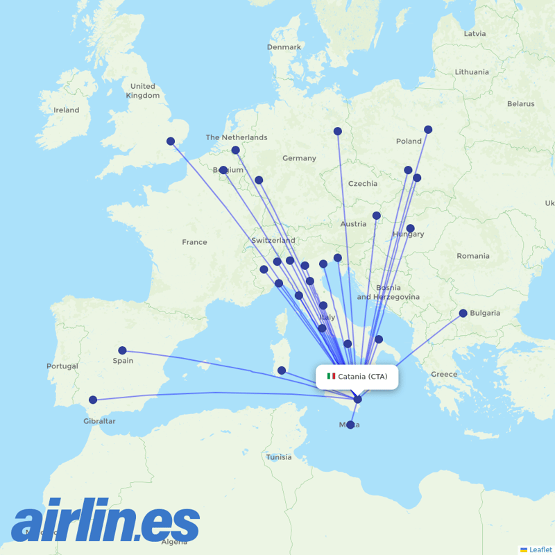 Ryanair from Catania Fontanarossa Airport destination map