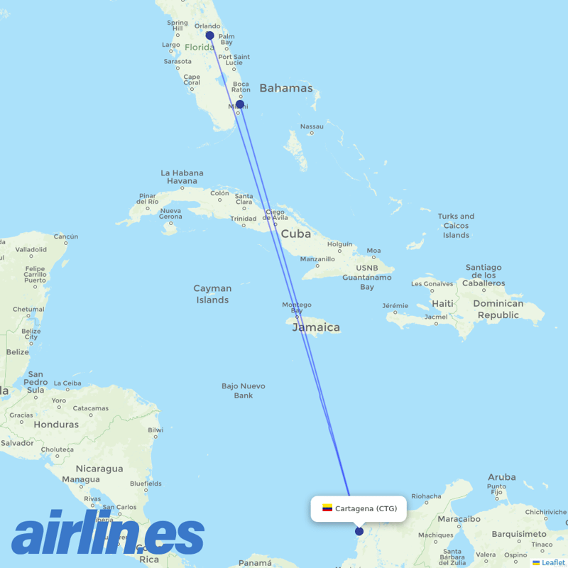 Spirit Airlines from Rafael Nunez destination map