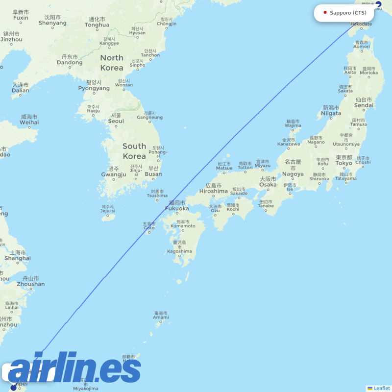 Tigerair Taiwan from Sapporo destination map