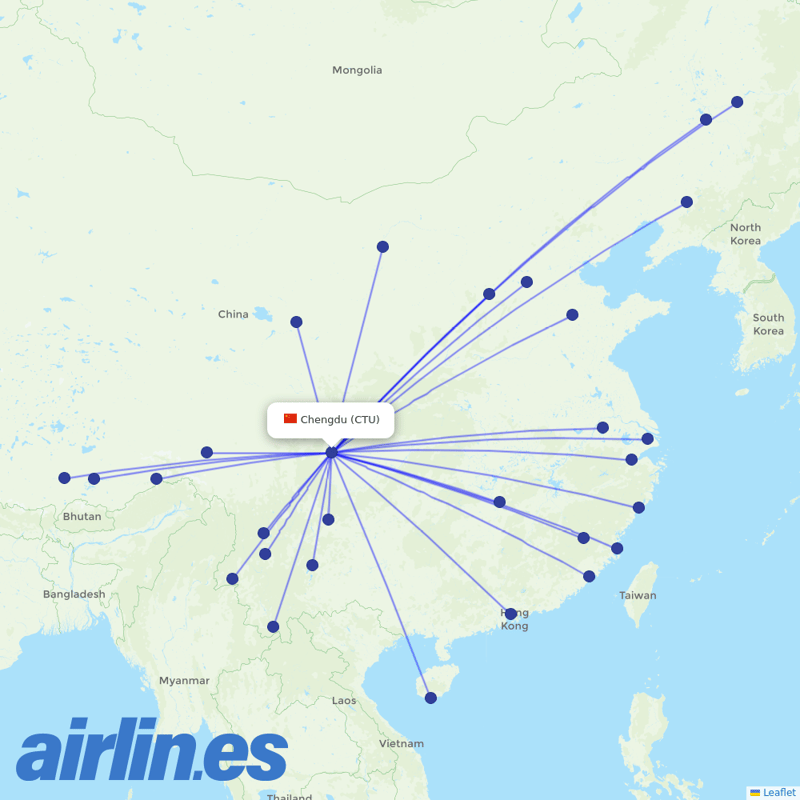 Tibet Airlines from Chengdu Shuangliu International Airport destination map