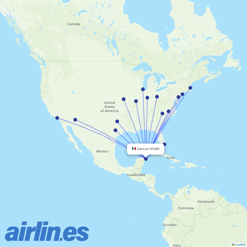 American Airlines from Cancun International Airport destination map
