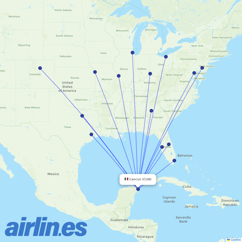 Frontier Airlines from Cancun International Airport destination map