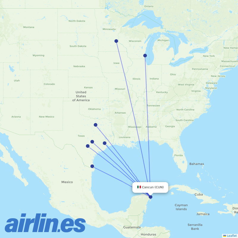 Sun Country Airlines from Cancun International Airport destination map