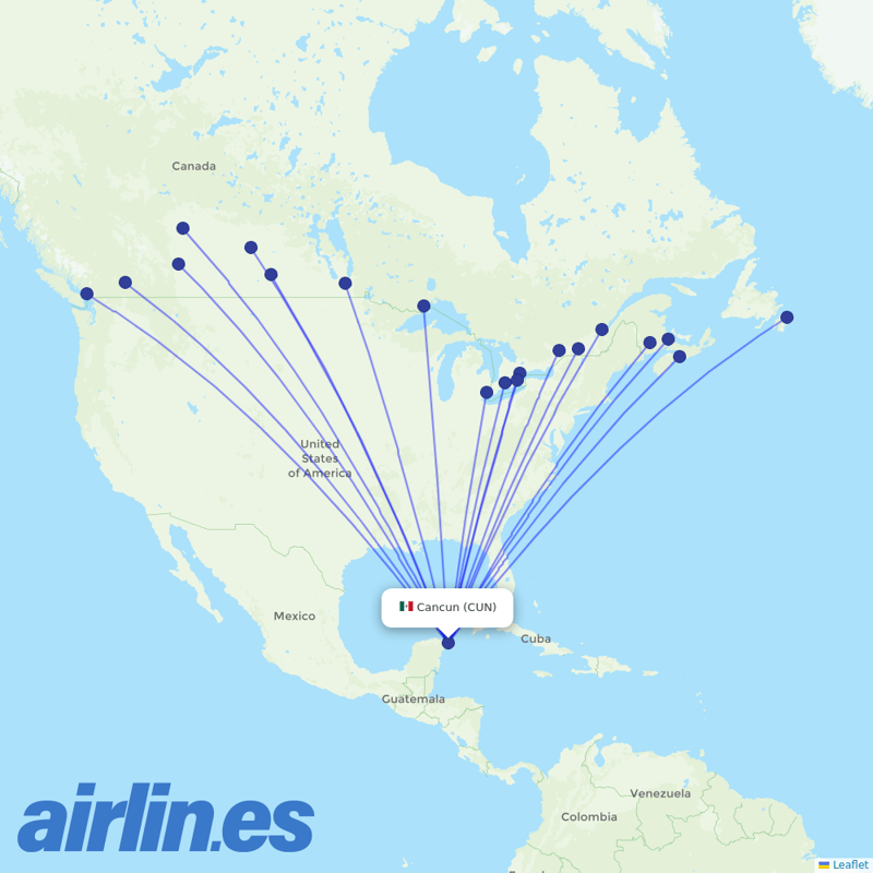 Sunwing Airlines from Cancun International Airport destination map