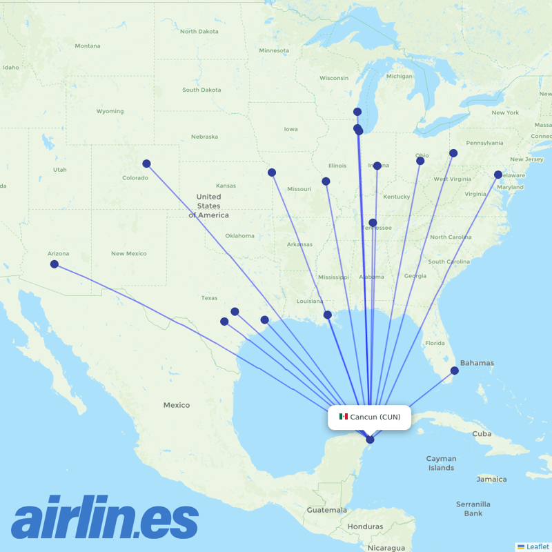 Southwest Airlines from Cancun International Airport destination map