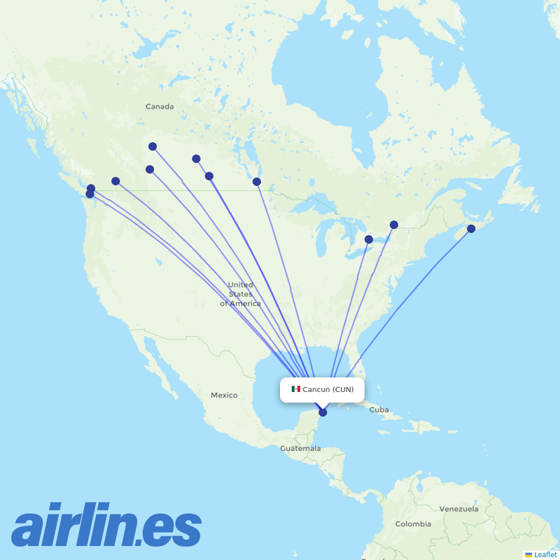 WestJet from Cancun International Airport destination map