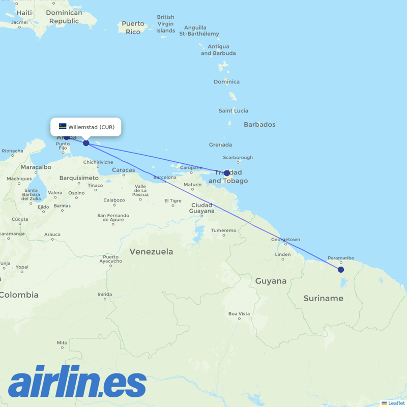 Surinam Airways from Hato destination map