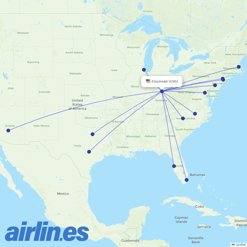 American Airlines from Cincinnati Northern Kentucky International destination map