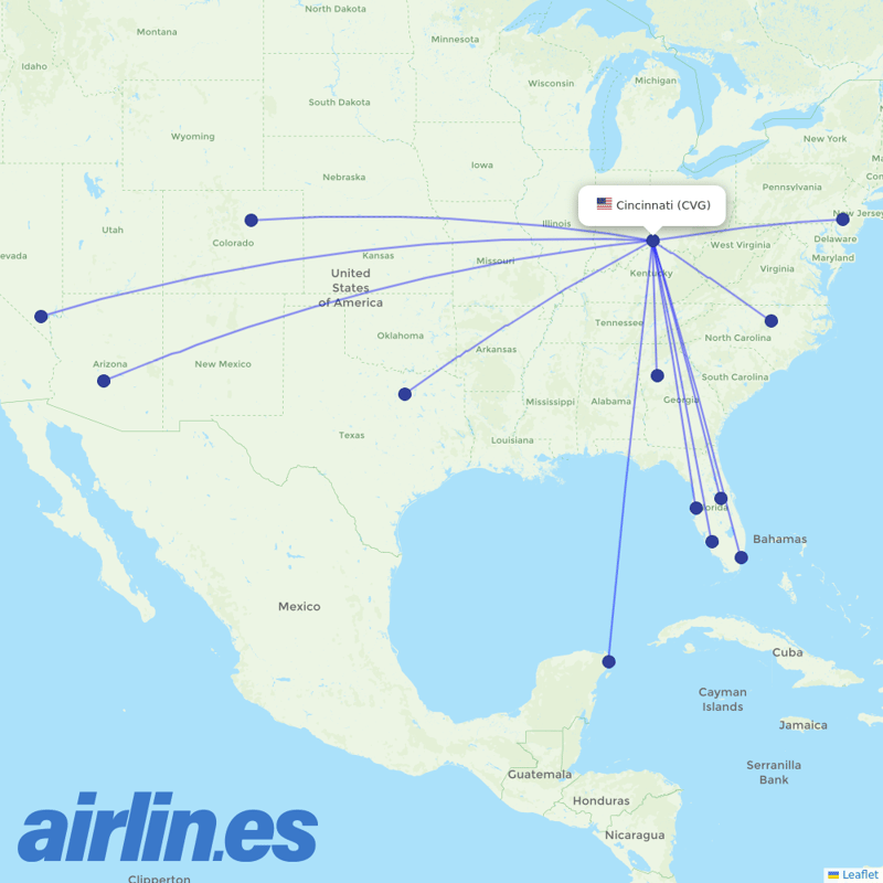 Frontier Airlines from Cincinnati Northern Kentucky International destination map
