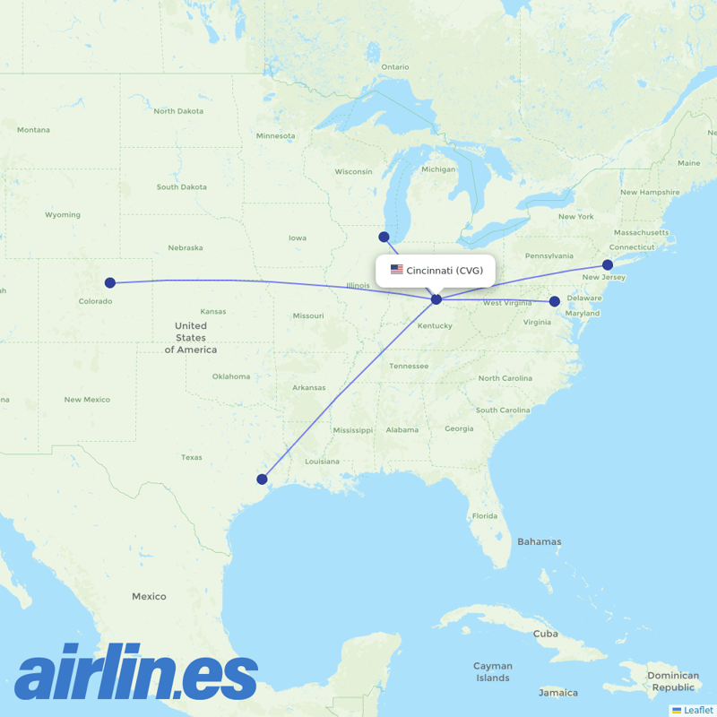 United Airlines from Cincinnati Northern Kentucky International destination map