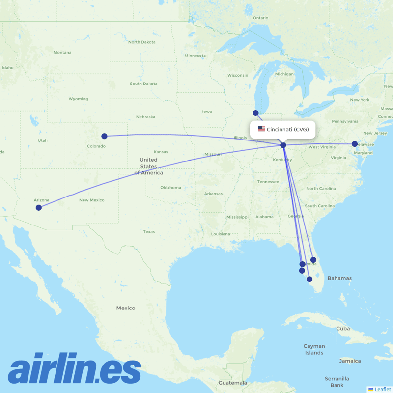 Southwest Airlines from Cincinnati Northern Kentucky International destination map