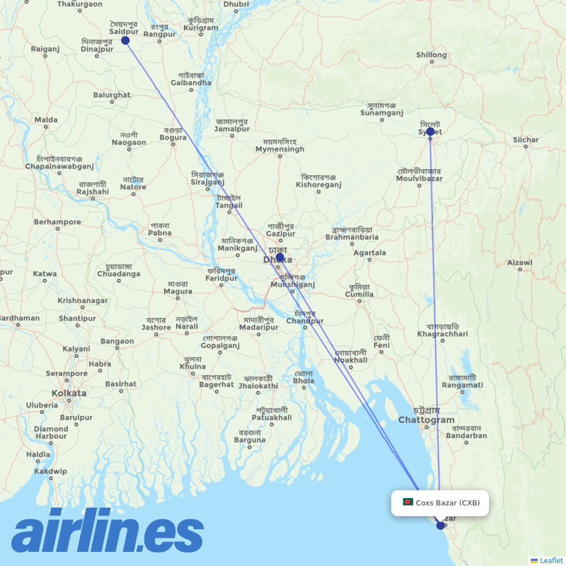 Biman Bangladesh Airlines from Coxs Bazar destination map