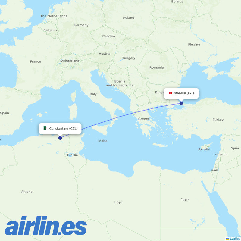 Turkish Airlines from Mohamed Boudiaf International destination map