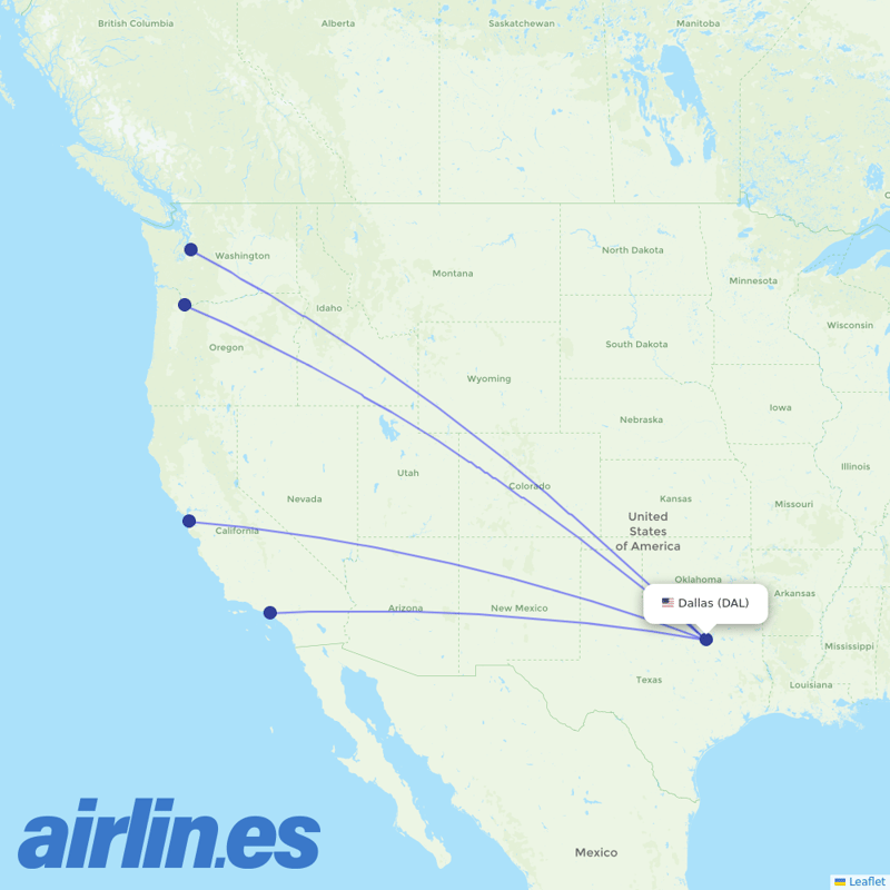 Alaska Airlines from Dallas Love Fld destination map