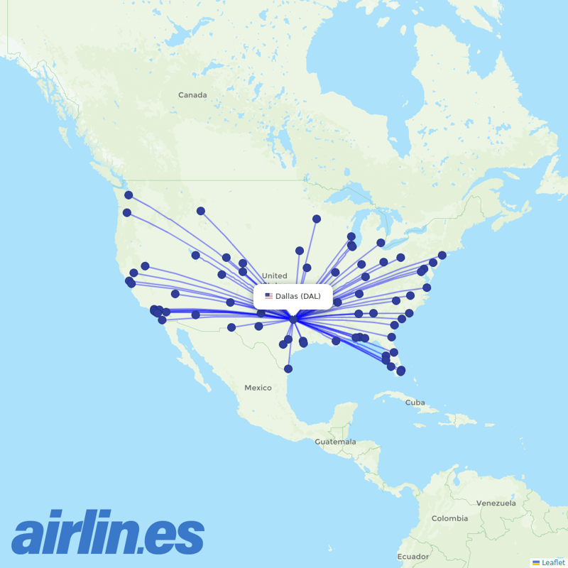 Southwest Airlines from Dallas Love Fld destination map