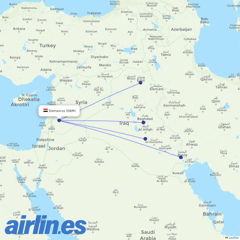 Fly Baghdad from Damascus International destination map