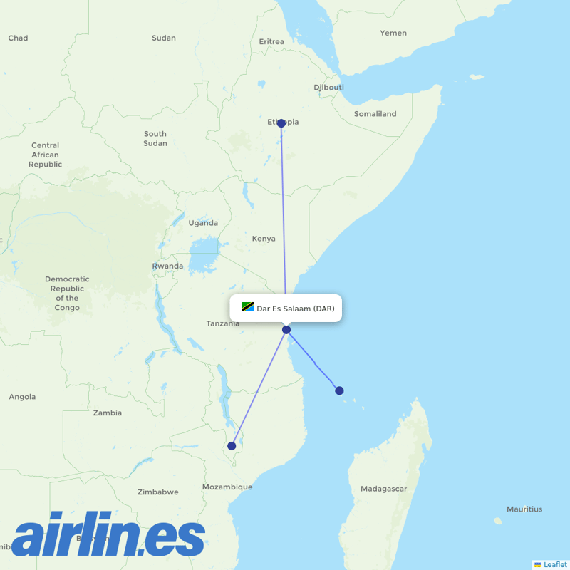 Ethiopian Airlines from Dar Es Salaam destination map