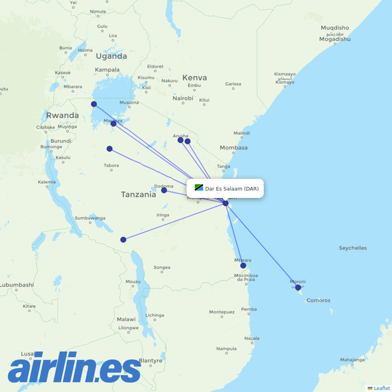 Precision Air from Dar Es Salaam destination map