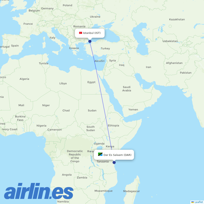 Turkish Airlines from Dar Es Salaam destination map