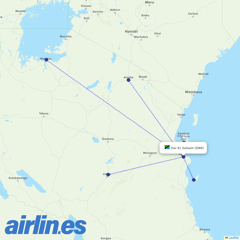 Auric Air from Dar Es Salaam destination map
