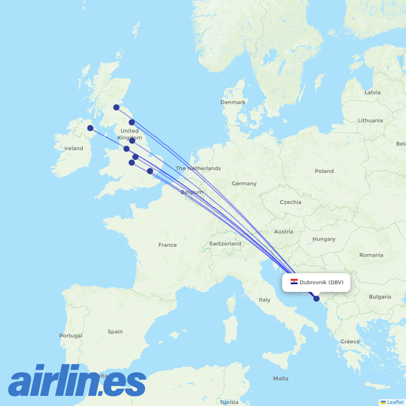 Jet2 from Dubrovnik Airport destination map