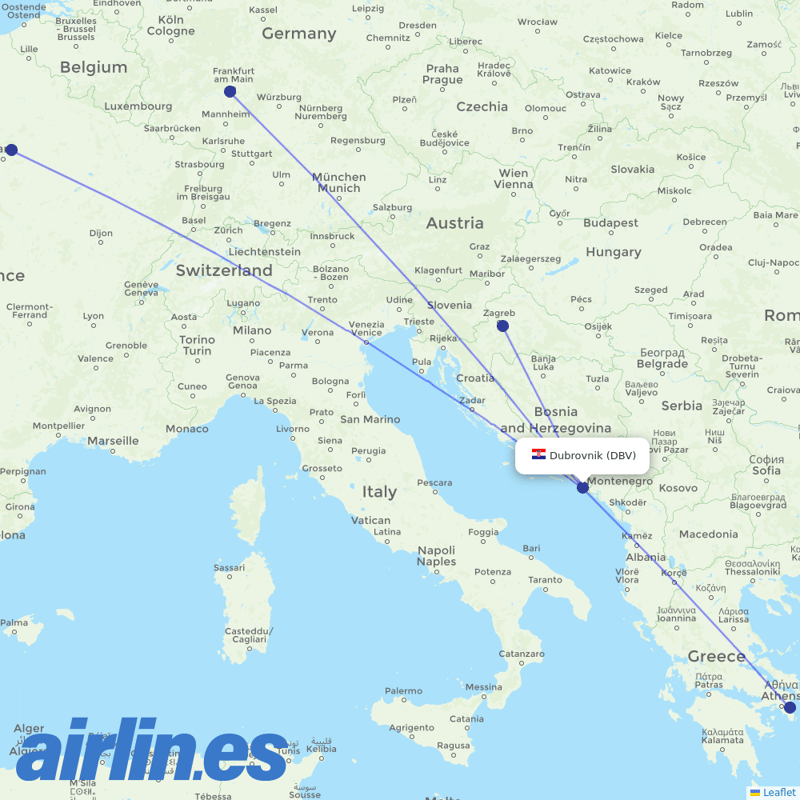 Croatia Airlines from Dubrovnik Airport destination map