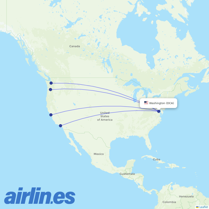 Alaska Airlines from Ronald Reagan Washington National destination map