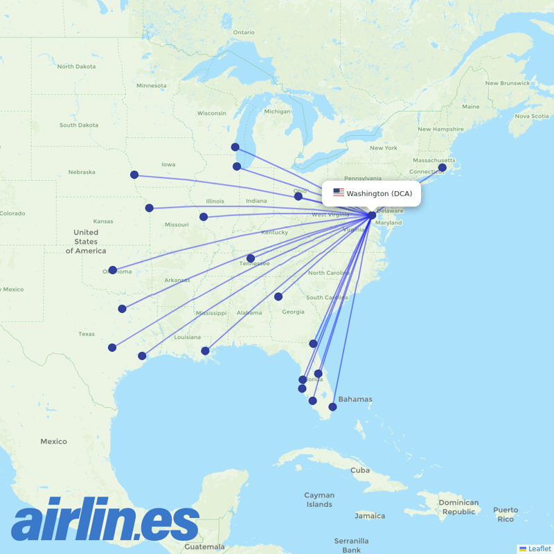 Southwest Airlines from Ronald Reagan Washington National destination map