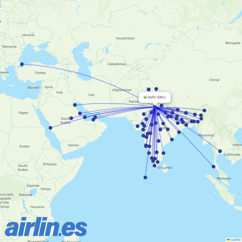 IndiGo from Indira Gandhi International Airport destination map