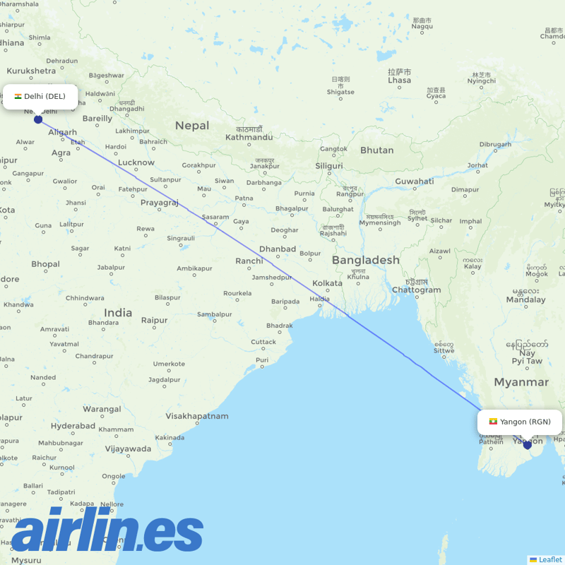 Myanmar Airways International from Indira Gandhi International Airport destination map