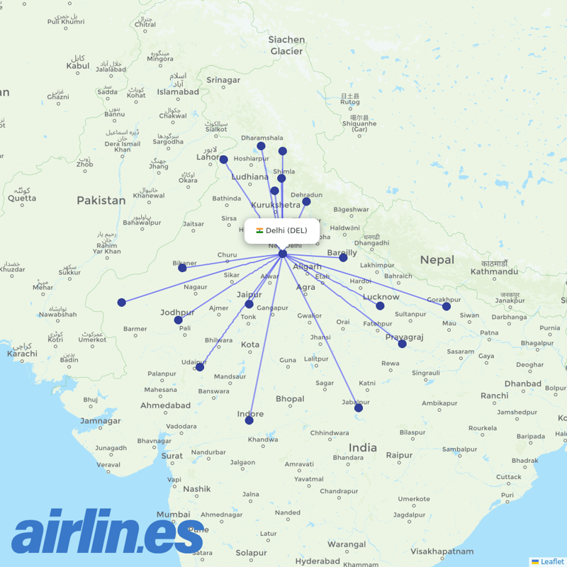 Air India from Indira Gandhi International Airport destination map