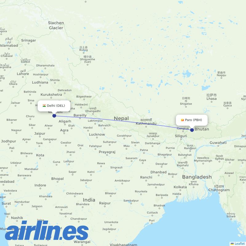 Bhutan Airlines from Indira Gandhi International Airport destination map