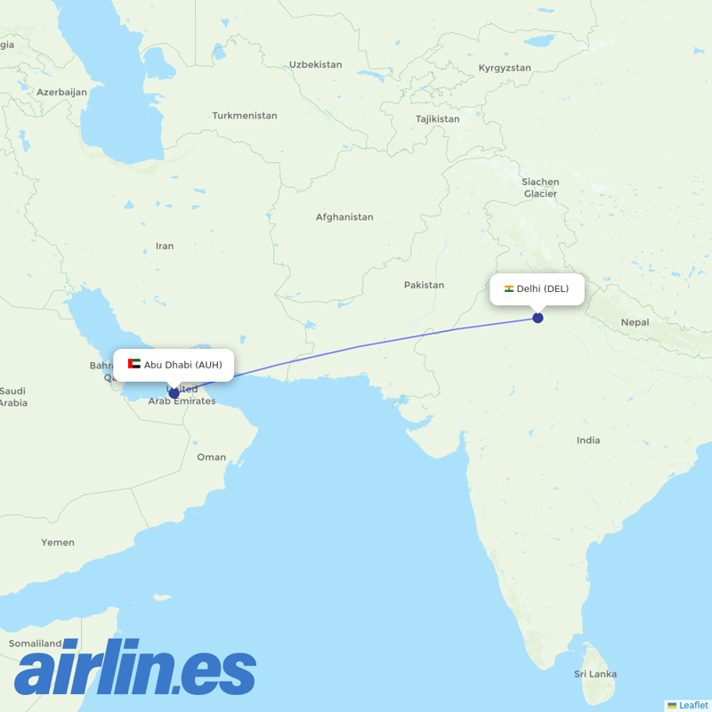 Etihad Airways from Indira Gandhi International Airport destination map