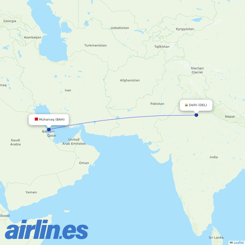 Gulf Air from Indira Gandhi International Airport destination map