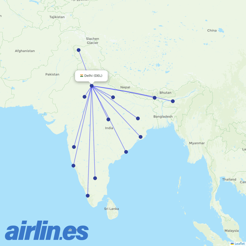 AirAsia India from Indira Gandhi International Airport destination map