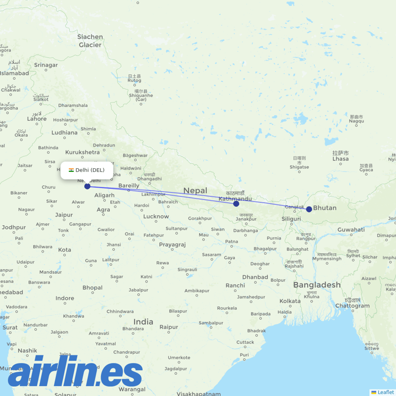 Drukair from Indira Gandhi International Airport destination map