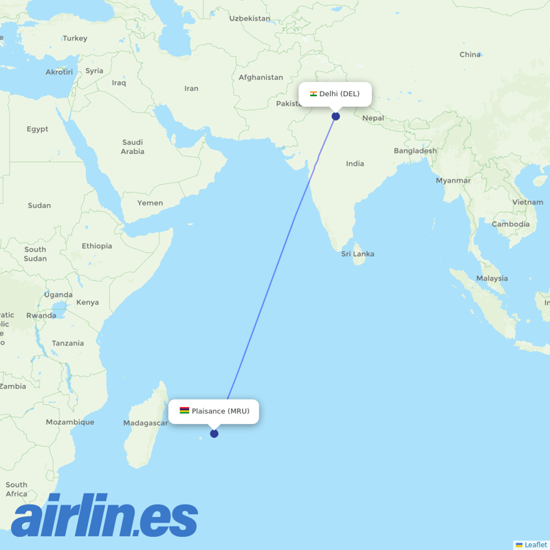 Air Mauritius from Indira Gandhi International Airport destination map