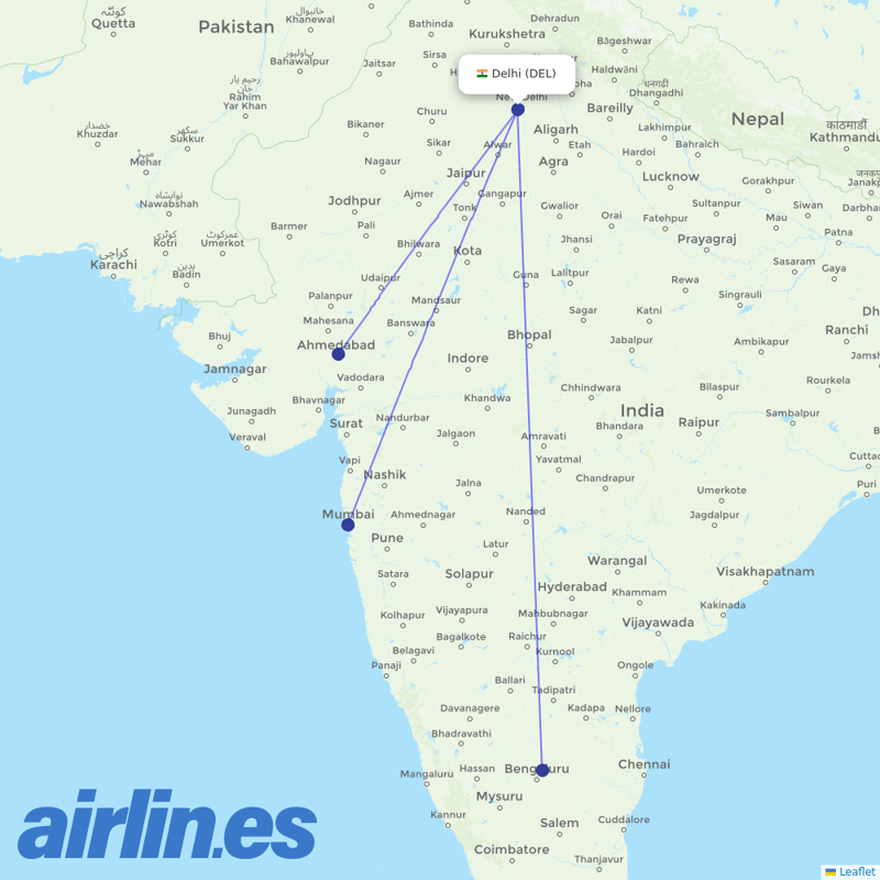 Starlight Airline from Indira Gandhi International Airport destination map
