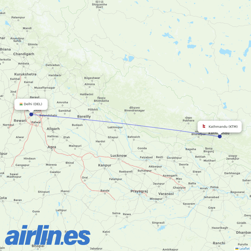 Nepal Airlines from Indira Gandhi International Airport destination map